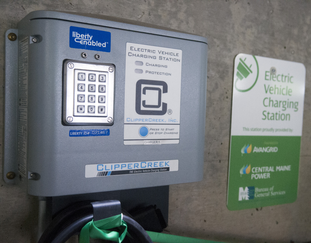 This charging station seen Friday is one of two new stations installed recently in the State House parking garage in Augusta.