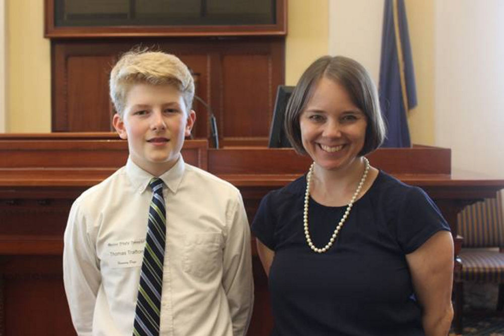 Thomas Trafton, left, a student at Hall-Dale Middle School, served as an honorary page May 18 in the Maine Senate. Trafton was a guest of Sen. Shenna Bellows, D-Manchester.