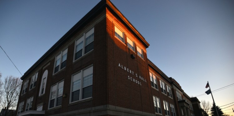 The Albert S. Hall School on Pleasant Street in Waterville after a day of school on March 2. A committee is being formed to look into the possibility of closing the school because of a decline in student population and a rise in costs.