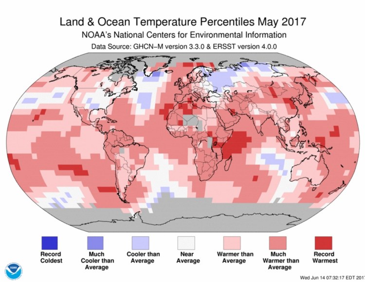 Land and ocean percentiles, May 2017.