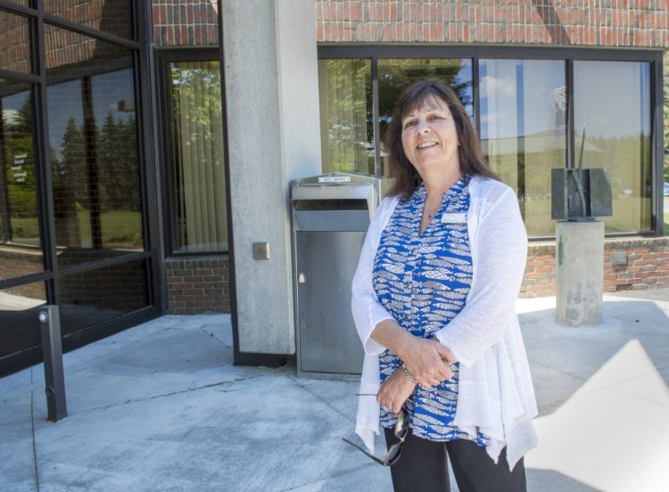 Amy Line stands outside the office space in the Bennett D. Katz Library on Wednesday that will become a new veterans center at the University of Maine at Augusta.