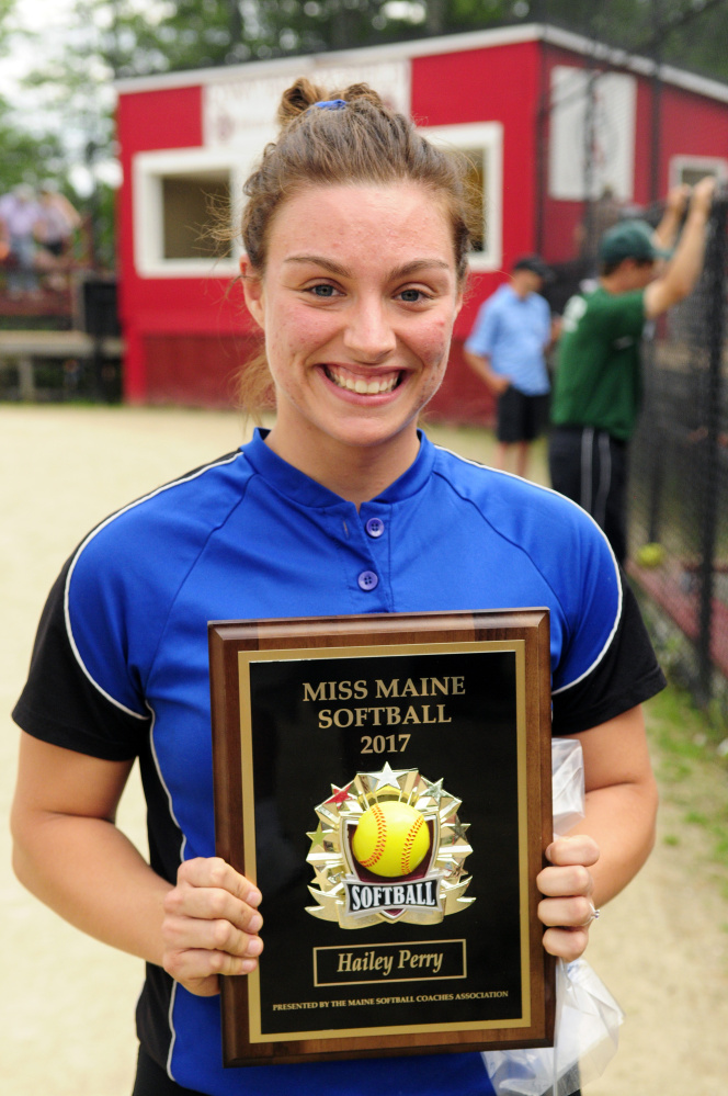 Hermon High School catcher Hailey Perry was named the 2017 Miss Maine Softball recipient during a presentation between senior all-star games Thursday at Cony High School.