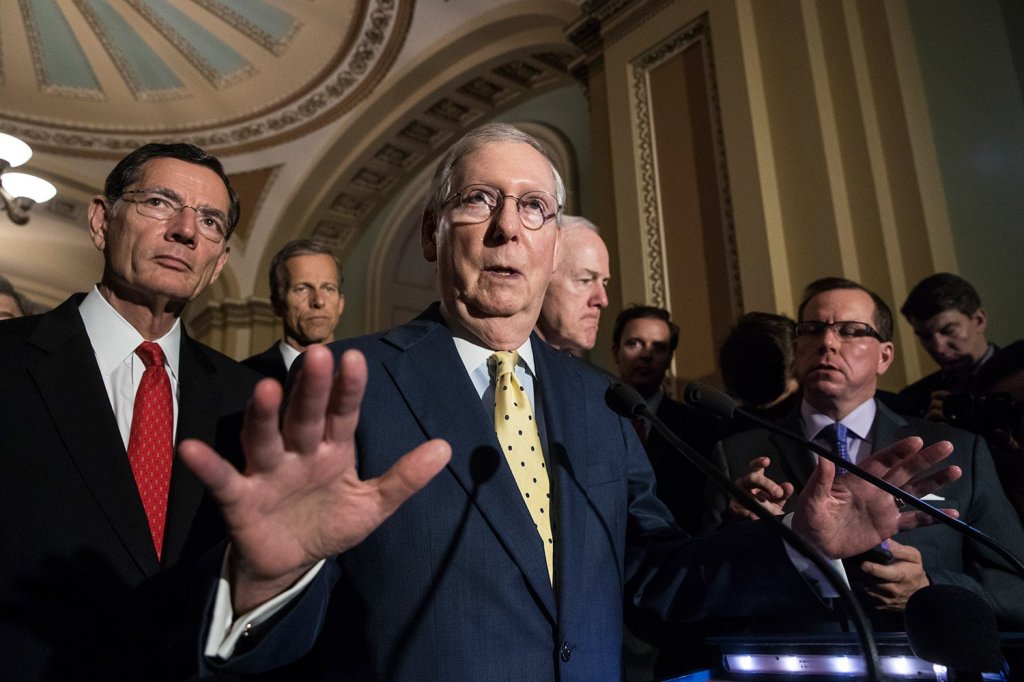Senate Majority Leader Mitch McConnell, R-Ky., joined by, from left, Sen. John Barrasso, R-Wyo., Sen. John Thune, R-S.D., and Majority Whip John Cornyn, R-Texas, speaks after a closed-door strategy session Tuesday. McConnell said Republicans will have a "discussion draft" of a bill to replace the Affordable Care Act by Thursday.