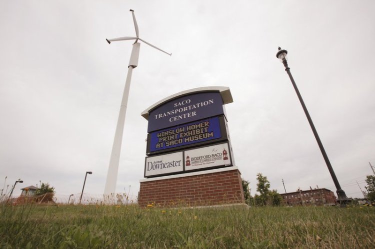 The wind turbine at the Saco Transportation Center, shown in 2010, is to come down.