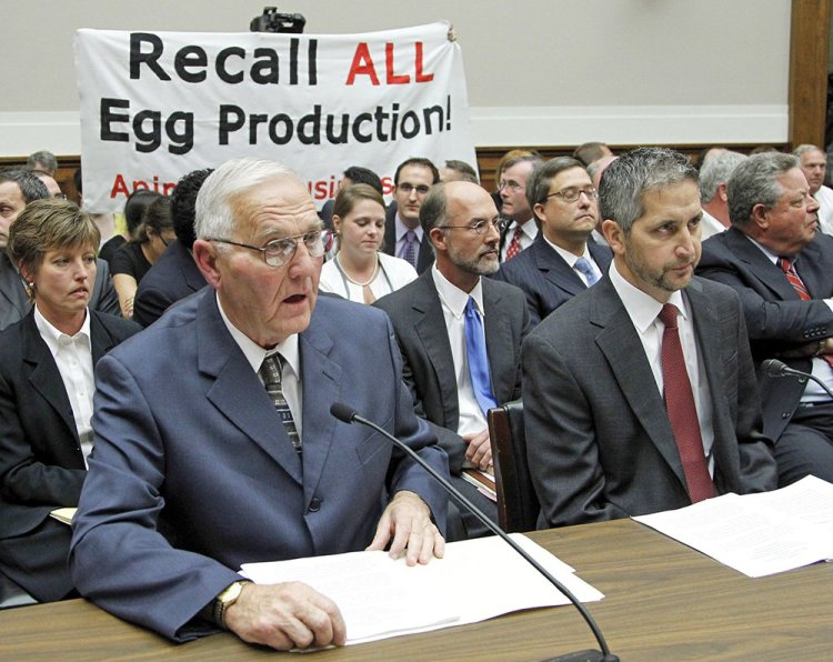 Jack DeCoster, left, and his son Peter DeCoster testify before the House Oversight and Investigations subcommittee in 2010 on a salmonella outbreak in eggs.