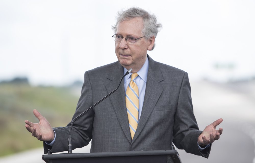 U.S. Sen. Mitch McConnell, R-Ky., speaks during a news conference for the ribbon cutting ceremony for exit 30 on Interstate 65 in Bowling Green, Ky., on Thursday.