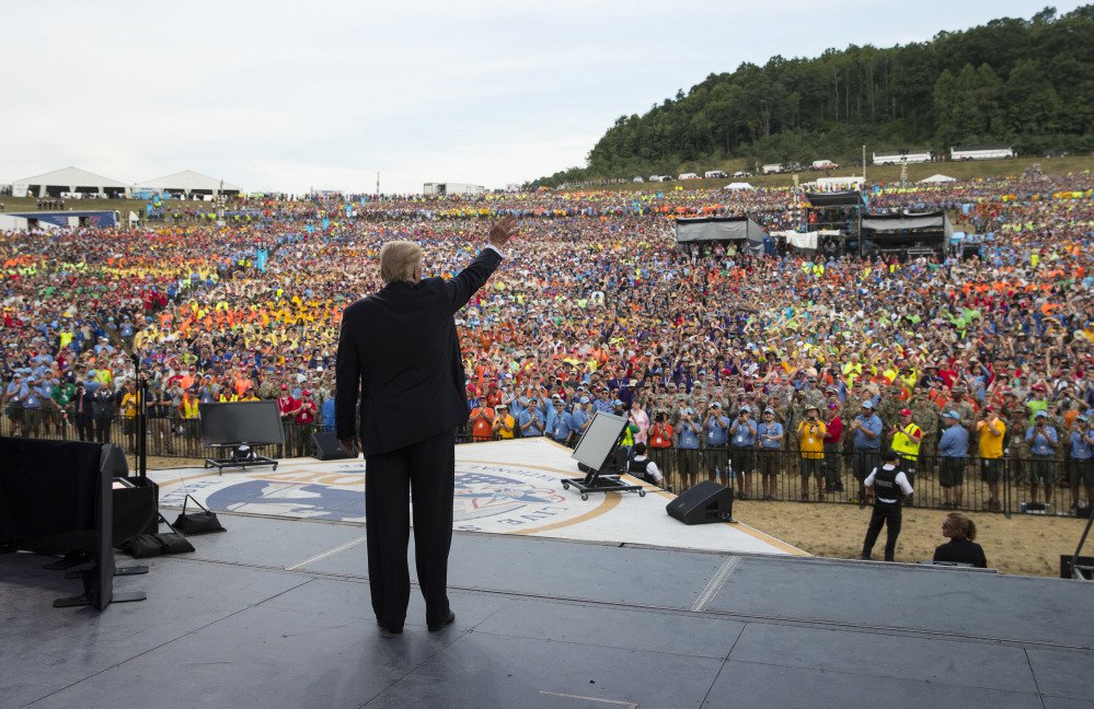 President Trump waves to the crowd Monday after speaking at the 2017 National Scout Jamboree in Glen Jean, W.Va. On Thursday, Chief Scout Executive Michael Surbaugh released a statement apologizing to members of the scouting community who were offended by the aggressive political rhetoric in the president's speech.