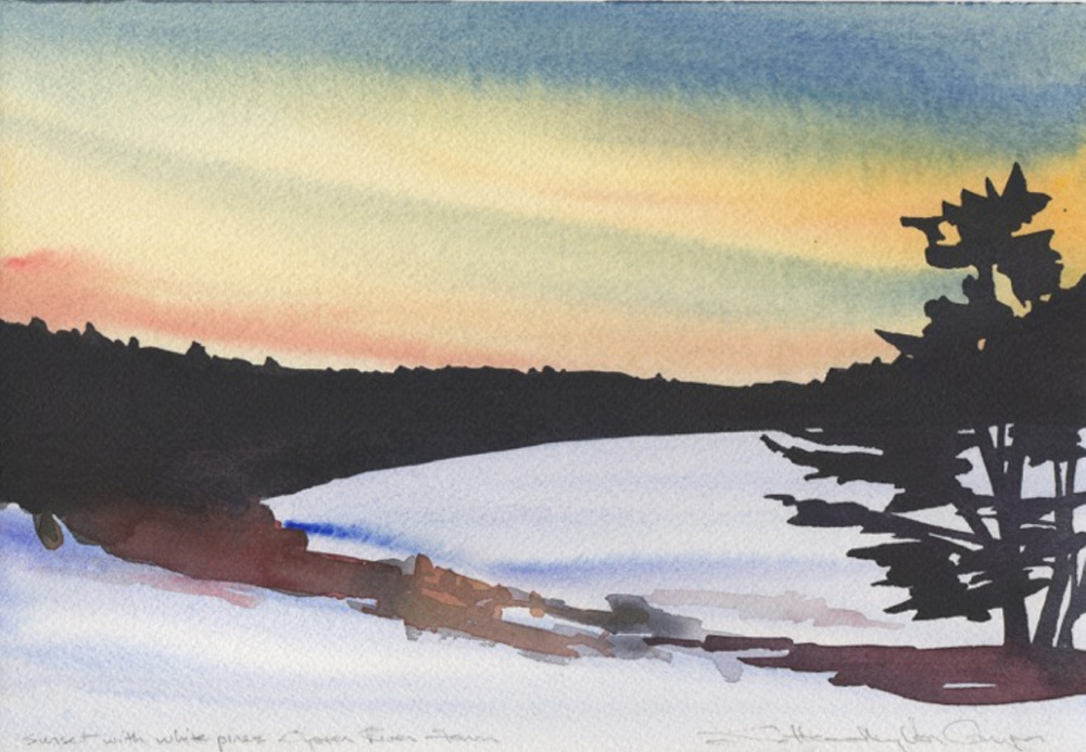 Susan Van Campen's "Sunset with White Pines," watercolor, 13.5 by 16.5 inches.
