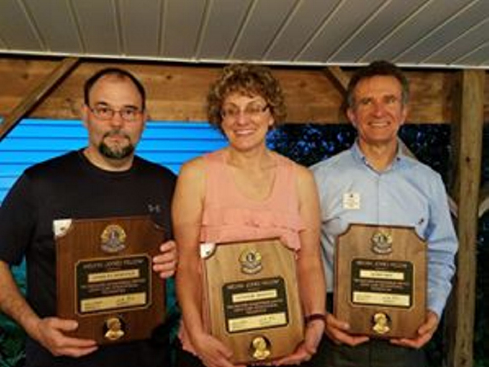 Melvin Jones Fellowship recipients, from left, are Chuck Worster, of Madison, Cathi Worster, of Madison, and Norm Hart, of Canaan.