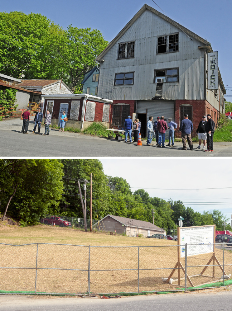 The top photo is from an auction held May 20, 2016, at the former T.W. Dick site in Gardiner; and the bottom photo is the same corner of Summer and Bridge streets, taken on Friday.