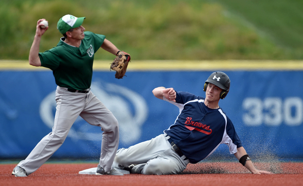 Central Maine second baseman Ken Walsh, left, turns a double play getting the out at second as Bethel's Josh Aylward (25) slides Saturday at Colby College in Waterville.