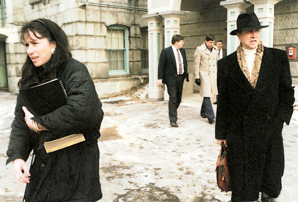 Mark Bechard's attorney in 1996, Michaela Murphy, leaves Kennebec County jail in January 1996, accompanied by psychologist Charles Robinson, after Mark Bechard's jailhouse arraignment. In October 1996, Bechard was found not criminally responsible by reason of mental disease or defect for the killings of two Waterville nuns.