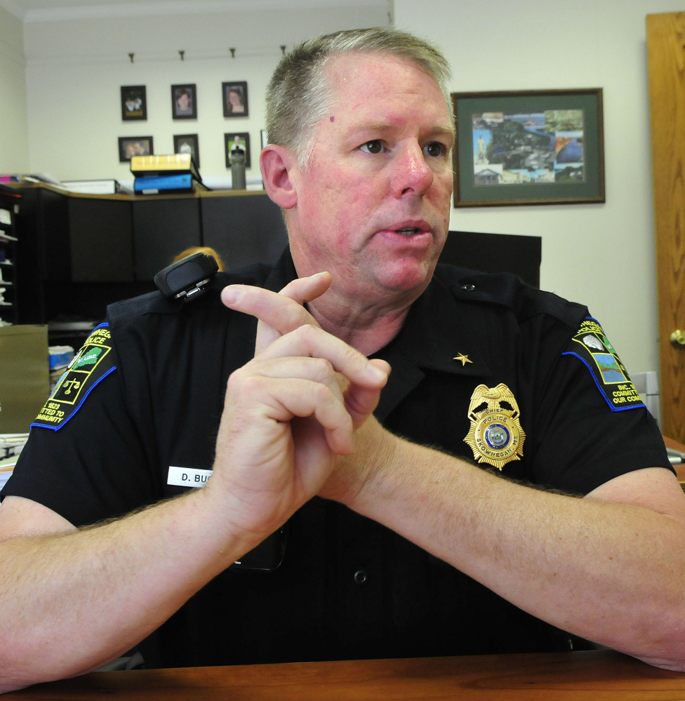 Skowhegan police Officer David Bucknam speaks about his appointment as police chief on Tuesday.