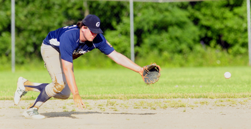 Gardiner shortstop Ryan Kappelmann lunges for a line drive during an American Legion Zone 2 game against Gardiner on Tuesday at Hoch Field in Gardiner.