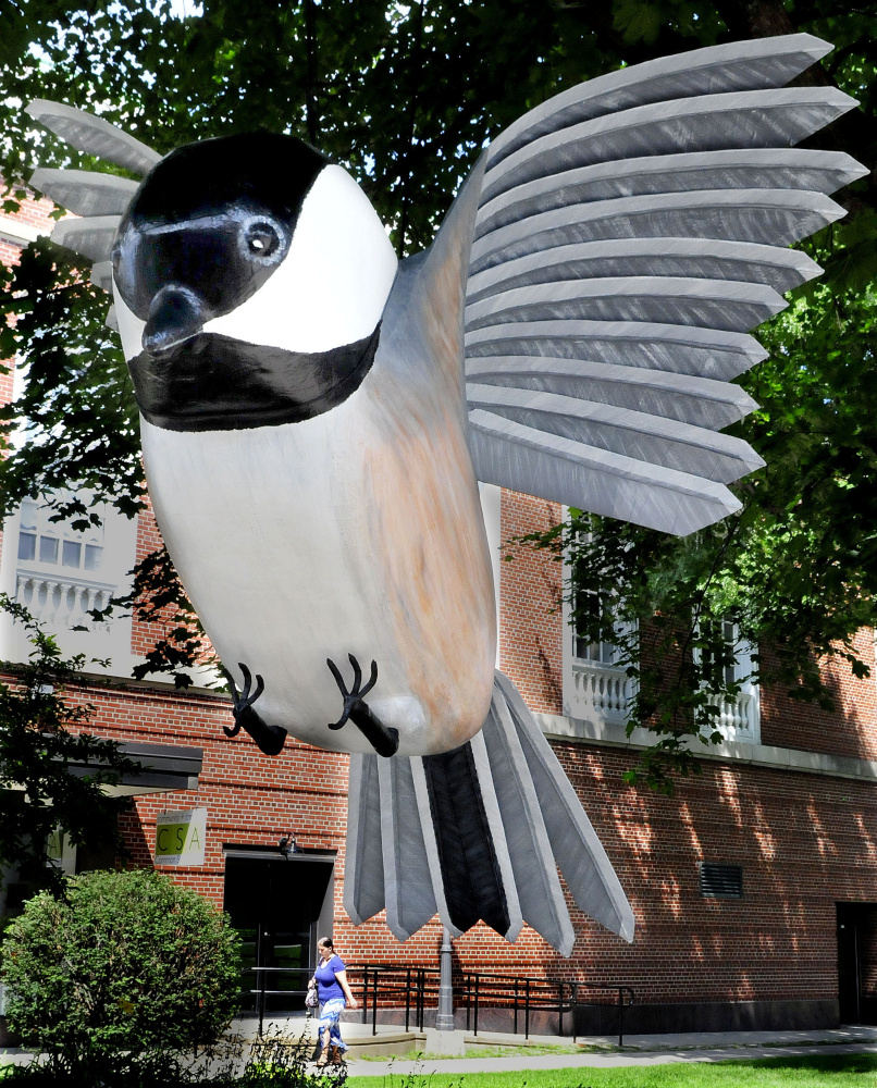 A pedestrian appears to walk under the claws of a giant sculpture of a flying chickadee hanging from a tree Tuesday in Castonquay Square in Waterville. The sculpture was designed and made by Laurel McLeod for the upcoming Maine International Film Festival.
