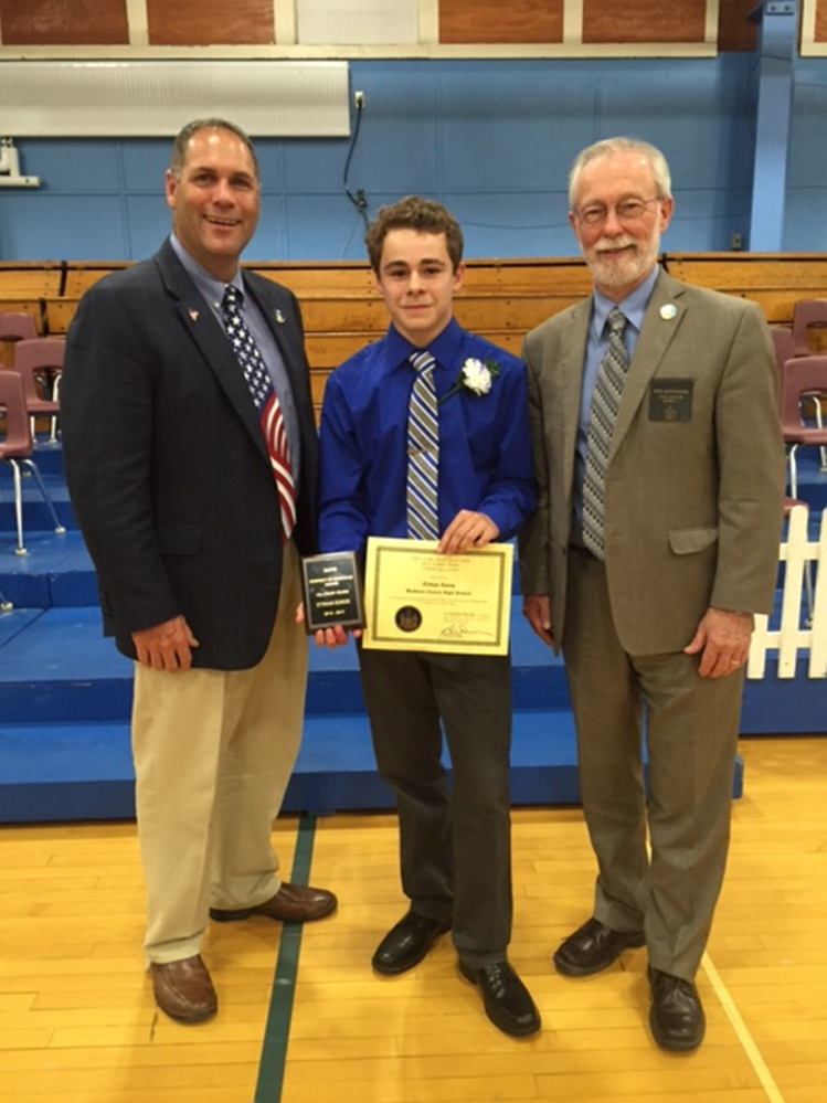 Madison Junior High School student Ethan Stone was presented the Secretary of State's Eighth Grade Citizenship Award on June 13 by Sen. Rod Whittemore, R-Skowhegan, and Rep. Brad Farrin, R-Norridgewock. From left are Farrin, Stone and Whittemore.