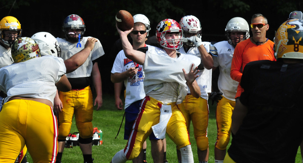 East team quarterback Taylor Heath throws during practice for the Lobster Bowl on Tuesday at Dover-Foxcroft.