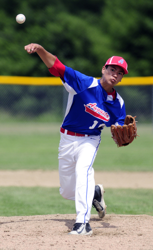 Augusta's Akira Warren pitches against South Portland during a 14U Babe Ruth All-Star game Friday at McGuire Field in Augusta.