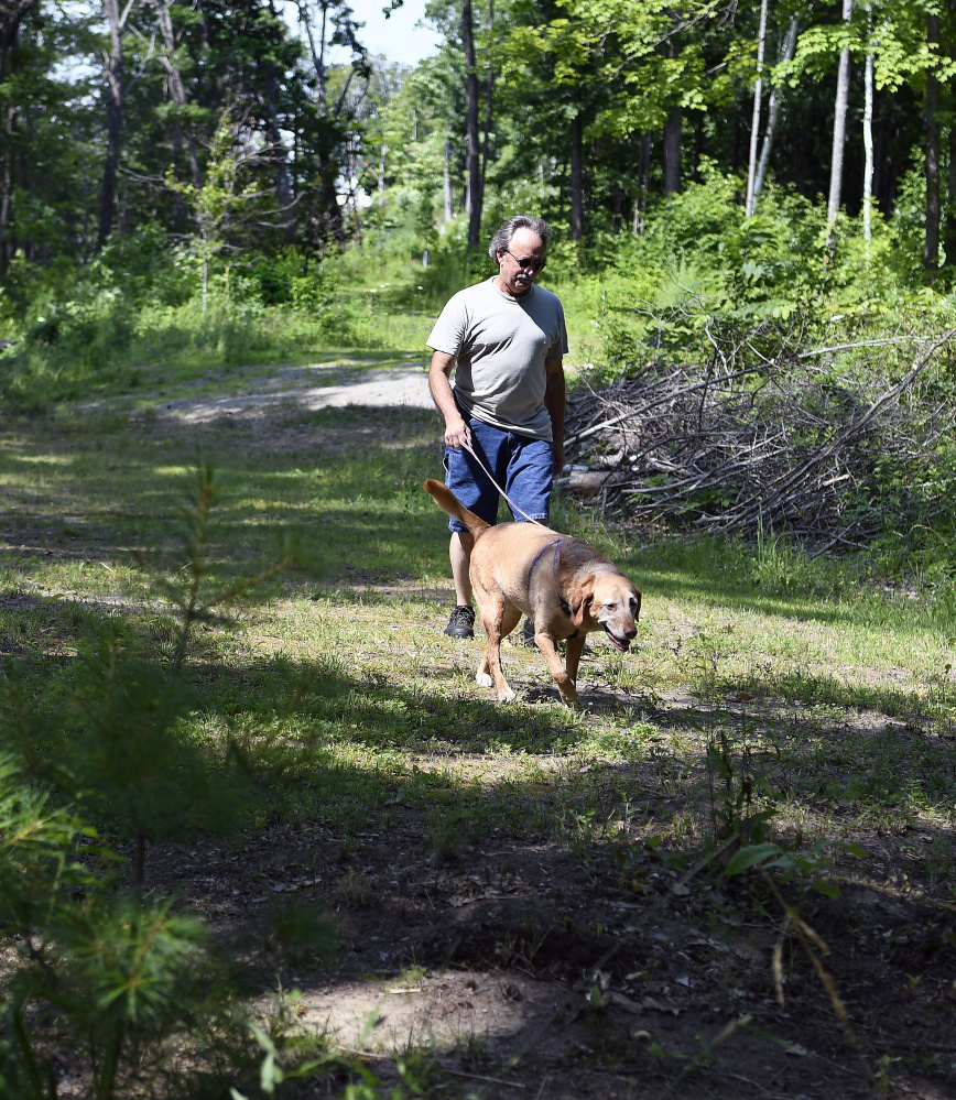 Mike Firlotte walks his dog on the Harrison Avenue Nature Trail near his home in Gardiner on Monday.