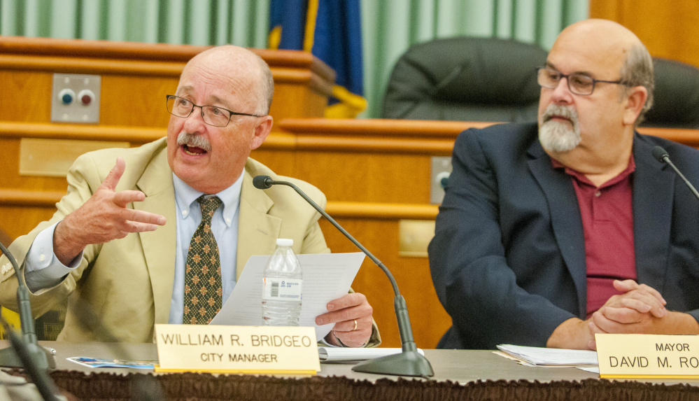 City Manager William Bridgeo, left, and Mayor David Rollins, shown Thursday at City Center in Augusta. The City Council on Thursday will discuss the city's budget in light of changes in state funding.