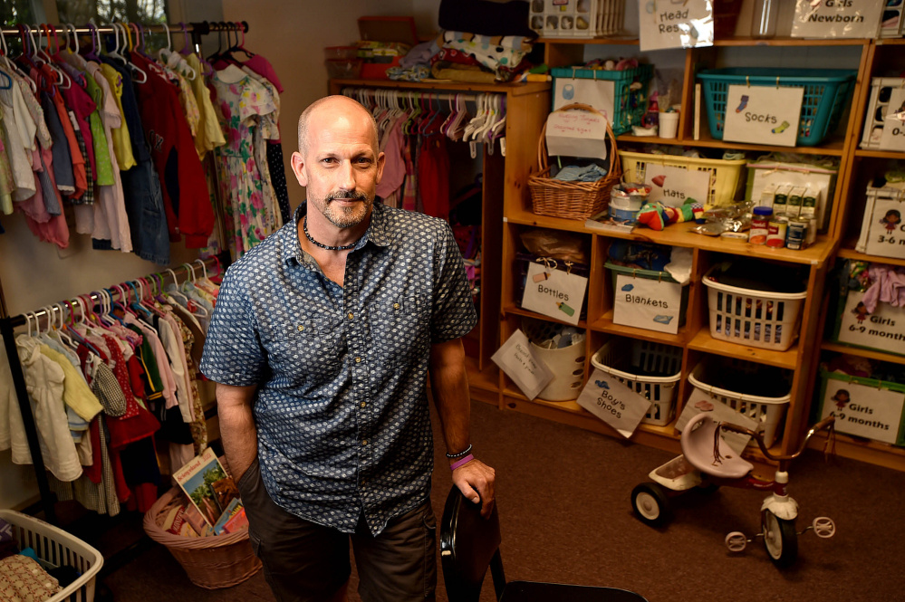 Doug Saunders, a volunteer poverty navigator in Franklin County's new Opportunity Community Model known as the Franklin County Children's Task Force, stands for a portrait Thursday at the Church Street location in Farmington.