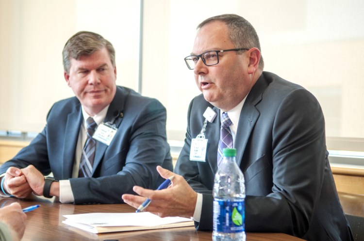 President and Chief Executive Officer Chuck Hays, left, and Chief Financial Officer Terry Brann answer questions about the hospital system's finances during an interview on Thursday at MaineGeneral Medical Center in Augusta.