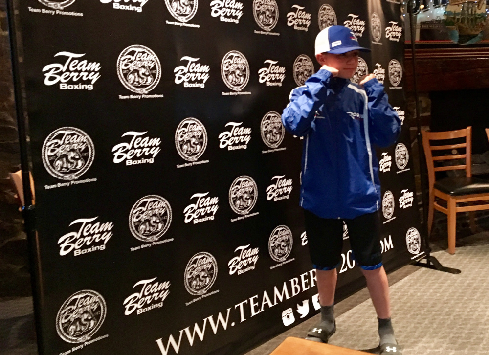 Staff photo by Travis Barrett
Braden Littlefield poses during a press conference Tuesday in Skowhegan. Littlefield, an 11-year old East Benton native, will fight Nelson Torino of Lynn, Massachusetts.
