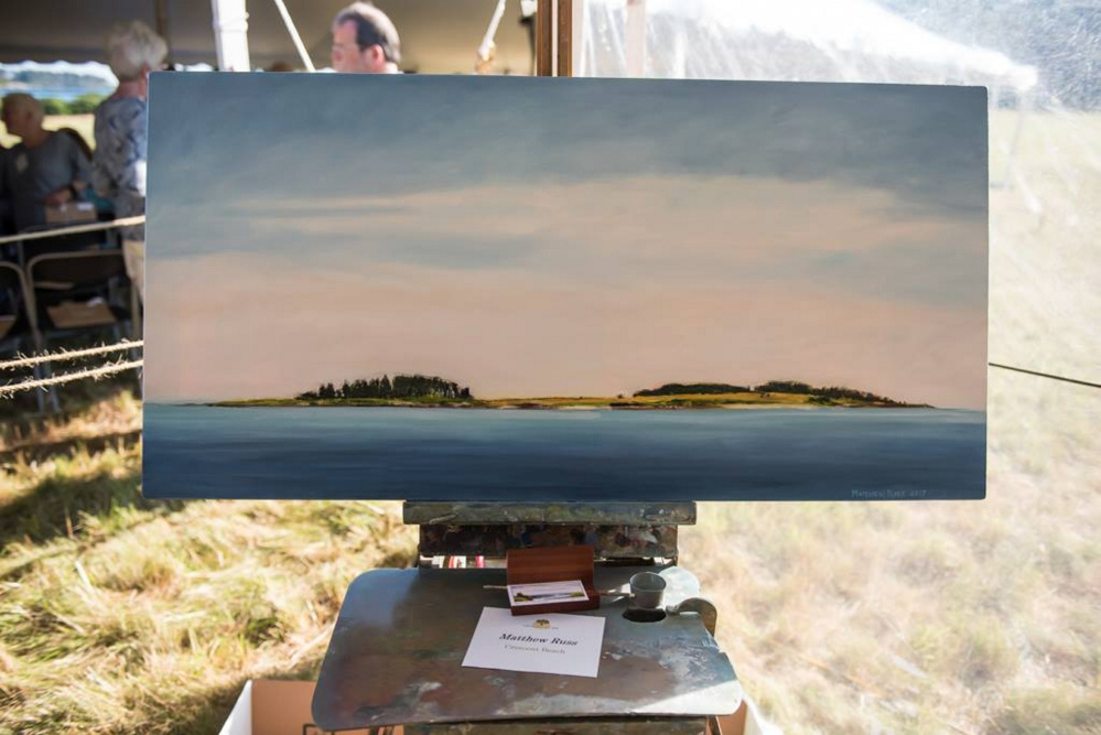 Waterville artist Matthew Russ painting of Richmond Island named People's Choice in 2017 Paint for Preservation Wet Paint Auction.