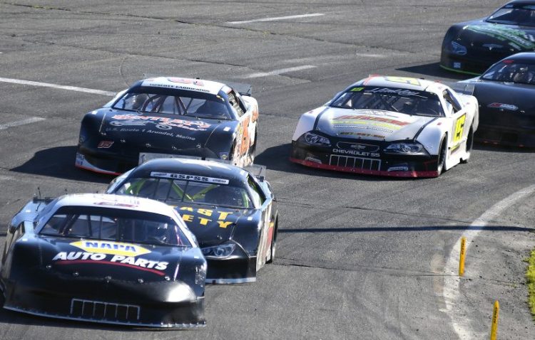 Garrett Hall leads the pack during the Boss Hogg 150 on Sunday at Wiscasset Speedway.