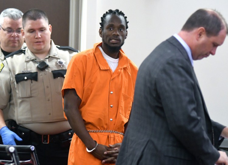 Aubrey Armstrong appears briefly at the Capital Judicial Center in Augusta on Monday during a conference with a justice about charges against him stemming from the murder of Joseph Marceau in November 2015 in Augusta.