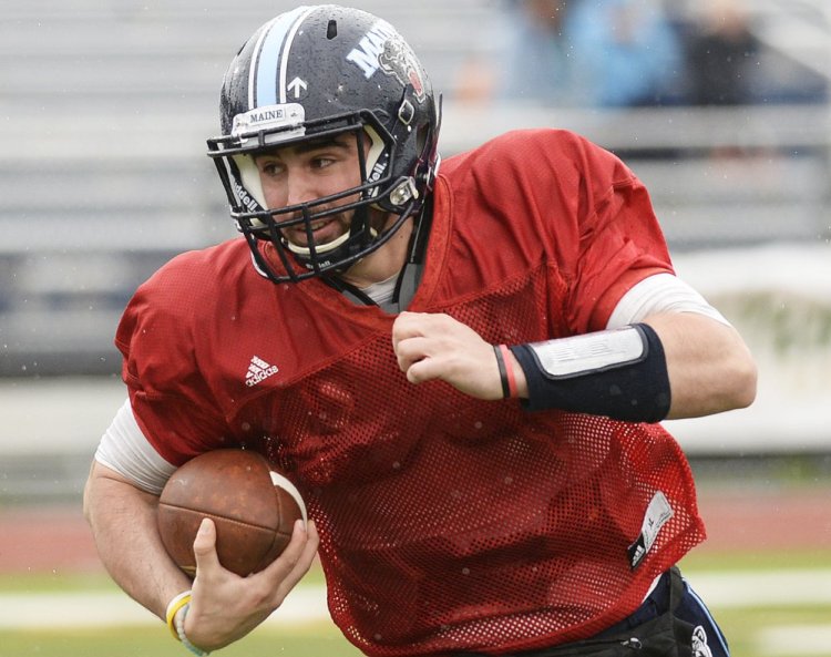 Quarterback Drew Belcher, who has started nine games for the University of Maine, is one of four players vying for the starting spot for the Black Bears.