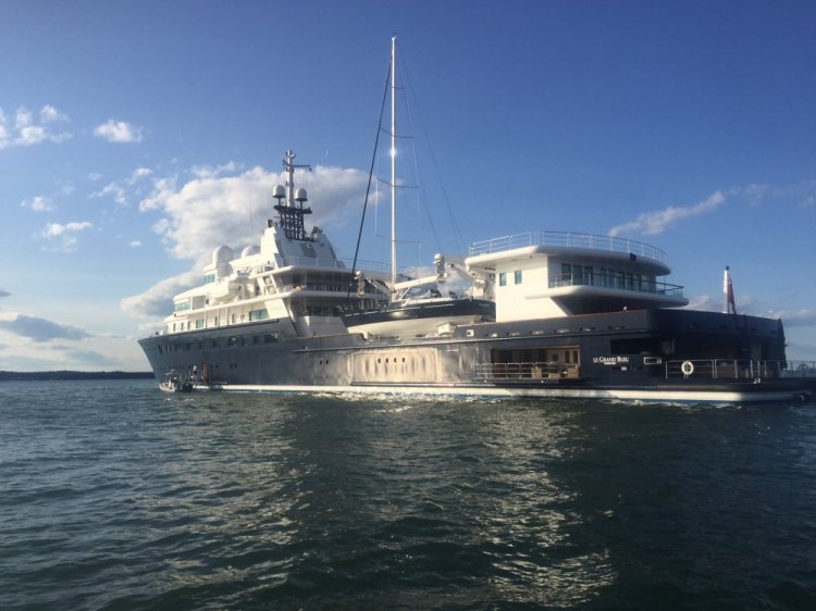 The 370-foot-long Le Grand Bleu is anchored near Fort Gorges on Sunday. It is listed as the 31st largest yacht in the world.