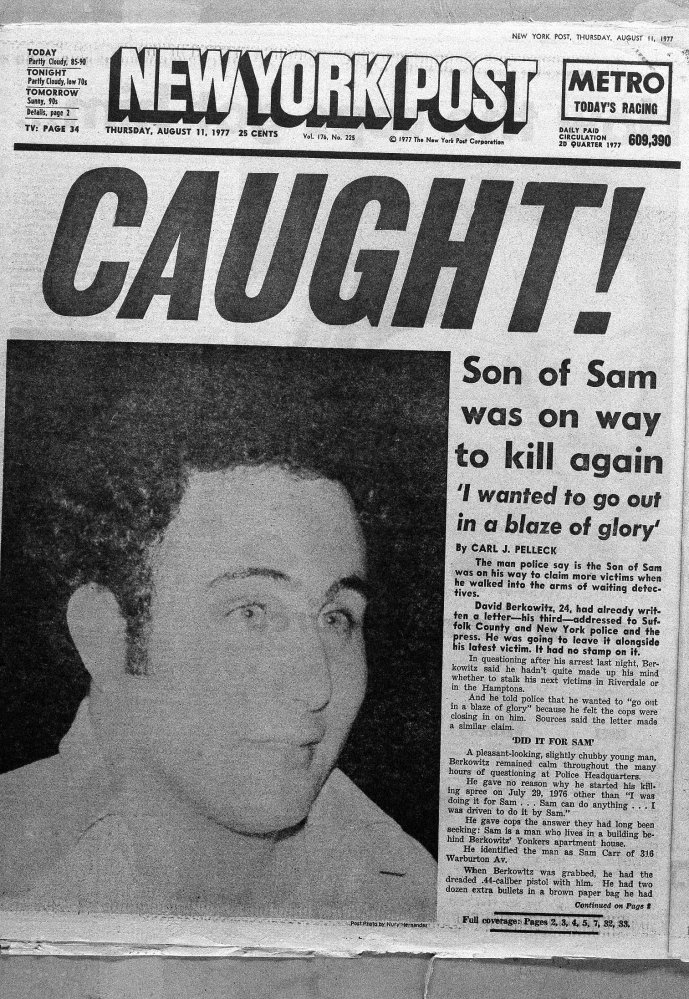 Photo shows the front-page headline of the New York Post the day after police arrested David Berkowitz.