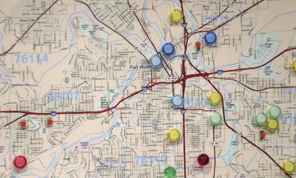 Using a model based on 10 factors like domestic violence or sexual assault, the 'risk terrain maps' focus on why abuse happens, not where it happened before. The colored pins show churches in high-risk areas of Fort Worth, Texas, that might be able to help prevent abuse.