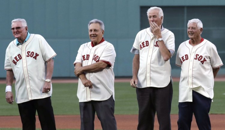 They played on the Red Sox team that not only won the pennant in 1967, but turned around baseball in Boston. On Wednesday they reunited at Fenway. Left to right are Ken Harrelson, Rico Petrocelli, Jim Lonborg and Carl Yastrzemski.
