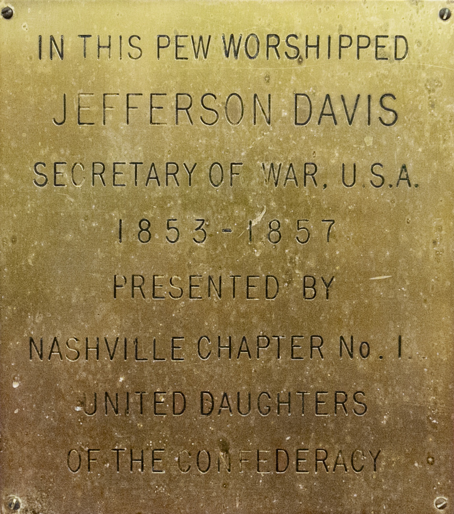 A plaque commemorating a visit to Portland by Jefferson Davis is seen Friday at the First Parish Church.