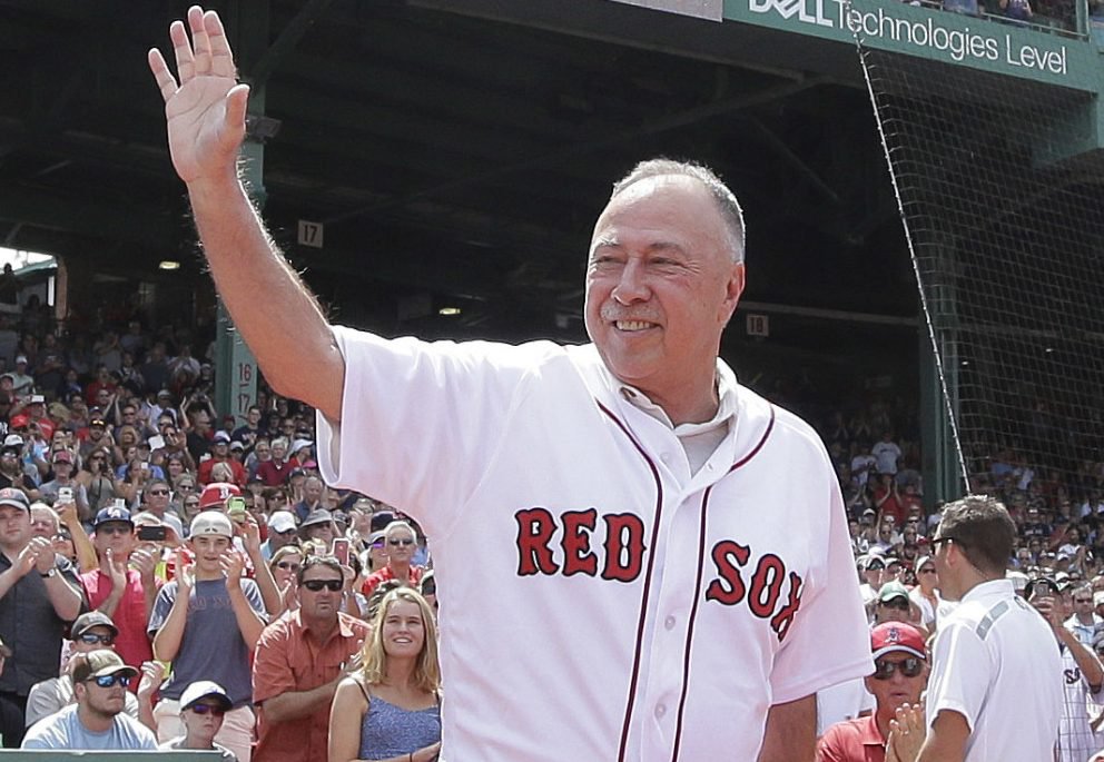Red Sox broadcaster and former player Jerry Remy waves during a pregame ceremony Sunday recognizing his 30 years in the television booth.