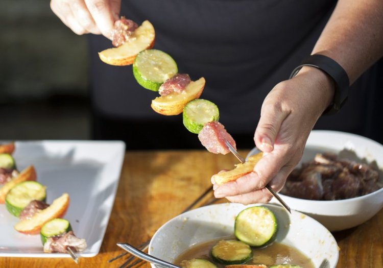 Christine Burns Rudalevige makes pork, zucchini and apple kebabs with local miso from Go-En Fermented foods of Whitefield.