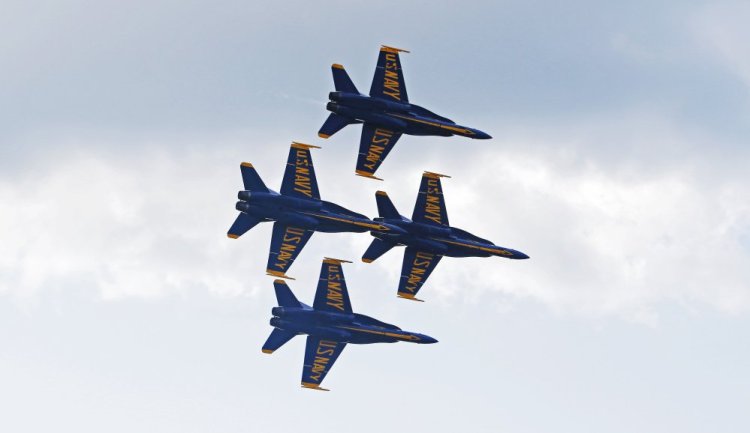 The Navy Blue Angels fly at the Great State of Maine Air Show at Brunswick Executive Airport.