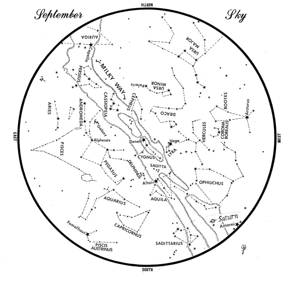 SKY GUIDE: This chart represents the sky as it appears over Maine during September.  The stars are shown as they appear at 10:30 p.m. early in the month, at 9:30 pm. at midmonth and at 8:30 p.m. at month's end.  Saturn is shown in its midmonth position.  To use the map, hold it vertically and turn it so that the direction you are facing is at the bottom.