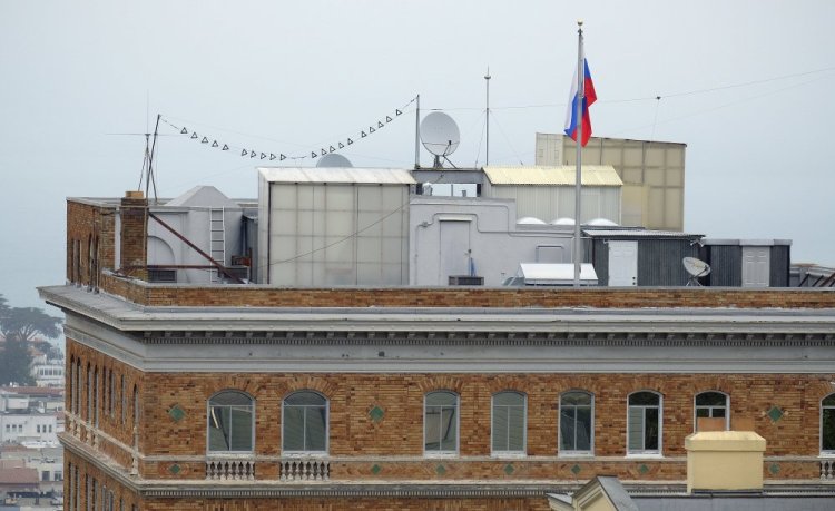 The roof of the Consulate-General of Russia in San Francisco is arrayed with equipment. The consulate is one of the three Russian diplomatic facilities ordered closed. State Department says move is in response to the Kremlin forcing a cut in U.S. diplomatic staff in Moscow.