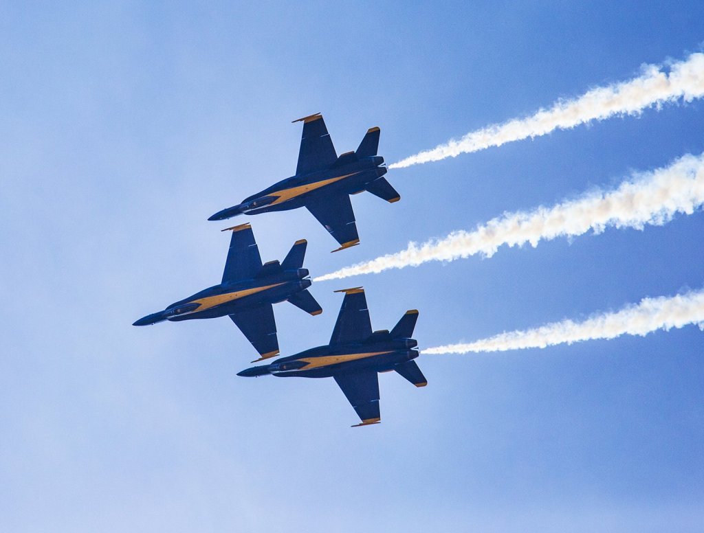 The Blue Angels fly in diamond formation at the Great State of Maine Air Show at Brunswick Landing in 2015.
