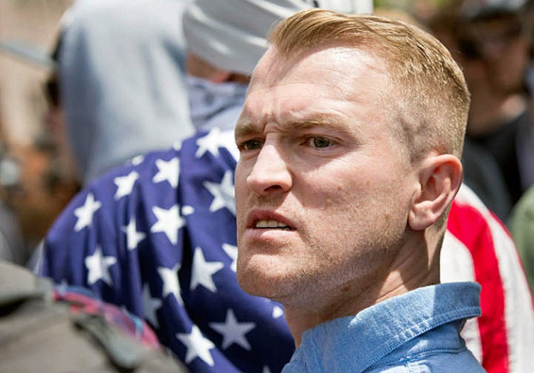 Nathan Damigo, the founder of the white nationalist group Identity Evropa, shown at a right-wing rally in Berkeley, Calif., in April, helped organize the white supremacist rally in Charlottesville, Va., where one counterprotester was killed on Saturday.