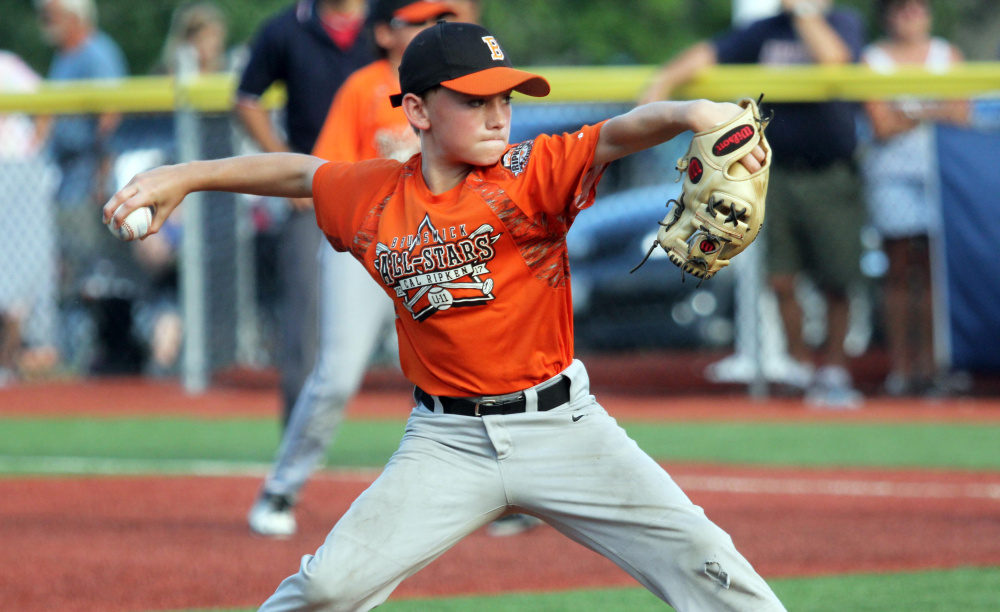 Brunswick, Maine's Brian Connolly throws a pitch to a Waterville batter in a Cal Ripken 11U Regional Tournament semifinal Wednesday at Purnell Wrigley Field in Waterville.