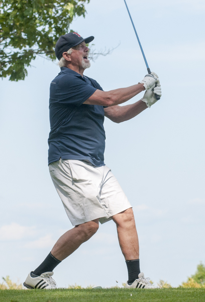 Bill Lee watches his tee shot during the Ray Haskell Ford MLB Players Alumni Association golf fundraiser Thursday at Belgrade Lakes Golf Course in Belgrade.