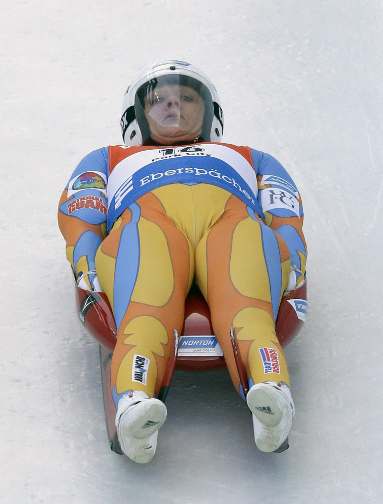 In this 2013 file photo, Augusta native Julia Clukey races down the track during the women's Luge World Cup in Park City, Utah. Clukey — who has been retired from the sport for a year — remains actively involved within the luge community and being a role model for Maine youth.