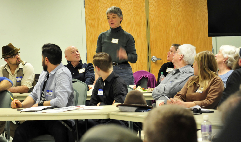 Maryanne Hayes makes a point during a well attended gathering of  Unity and area residents who gathered Feb. 19 in Unity to discuss historical and current community values and economic opportunities and how to achieve them. After the select board voted down a proposal to hire a marketing professional, Mary Ann Hayes said while volunteers could do some of the marketing work, but they "have to be motivated."