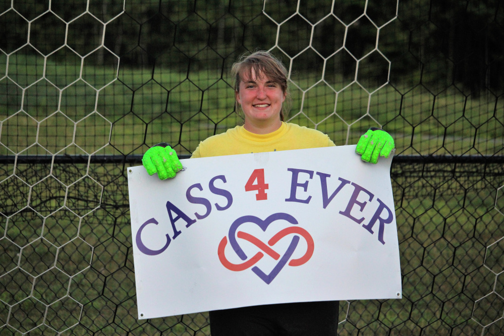 Gabi Martin, former Central Maine United soccer teammate and lifelong friend of Cassidy Charette, tends goal at the 11-hour soccer game Kick Around the Clock for Cass July 16 at Thomas College.