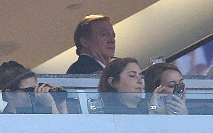 National Football League Commissioner Roger Goodell watches a preseason game between the Patriots and the Jaguars from Patriots owner Robert Kraft's box at Gillette Stadium on Thursday night in Foxborough, Massachusetts.