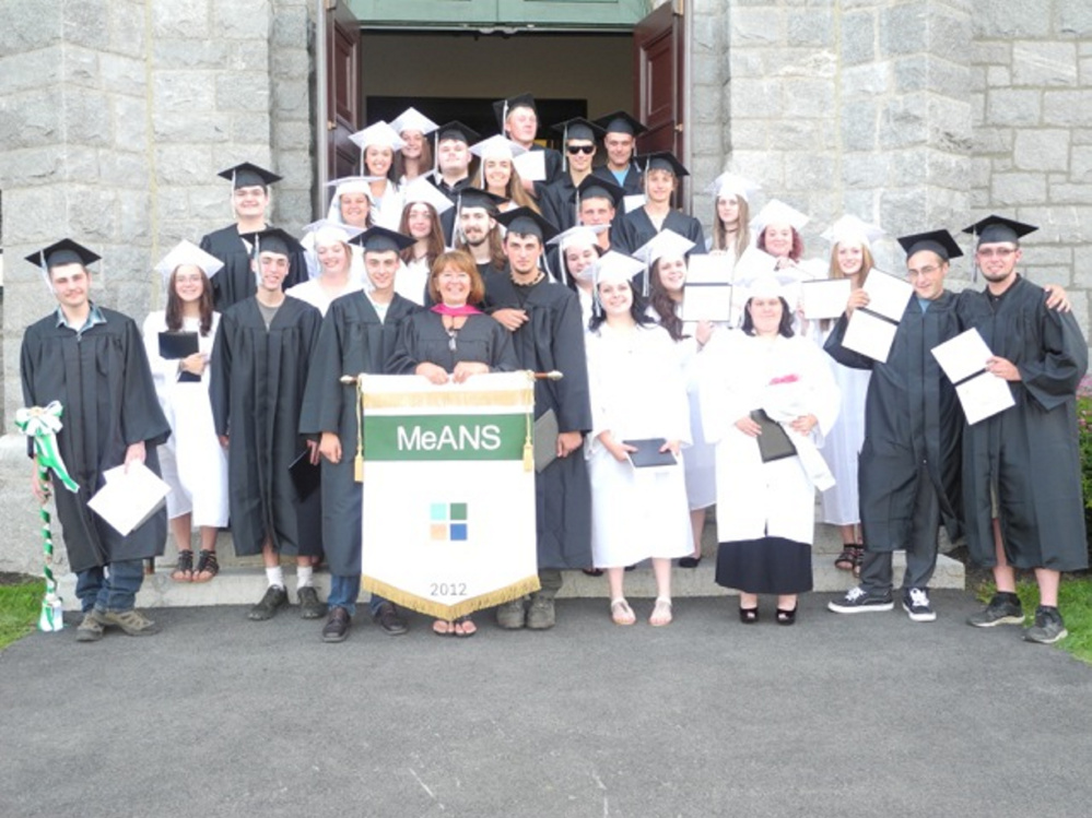 Maine Academy of Natural Sciences 2017 graduate are, in front, from left, are Kayleb Shaw, Olivia Daigle, Samuel Frankenfeld, Jarrett Bearor, Brenda Poulin, retiring director of MeANS' student support center and guest speaker; Tyler Adams, Meaghan Brown, Hannah St. Jock, Isaax Fletcher and Chris Mayo. Second row, from left, are Emma Stevens, StarLa Fox-Lonsdale, Noah Keene, Jasmine Martins, Kayla Plourde and Kayla Giroux-Drew. Third row, from left, are Adam Hewey, Hailley Buzzell, Kade Tibbets and Zoey Dunn. Fourth row, from left, are Alexandra Karter, Cameron Caswell, Leanna Laws, Thomas Berube, Hannes Moll and Lauralynne Fowler. Fifth row, from left, are Charlotte Emerson, Bradley Taylor and Griffin Patchell. Missing from photo are Charles Pike, Robbie Ellis, Benjamin Wolf, Ryan Turano and Peter Rotondi.